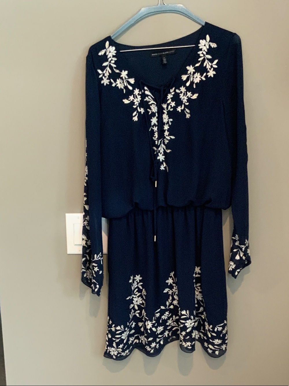 White House Black Market Navy Dress with White Floral Embroidery